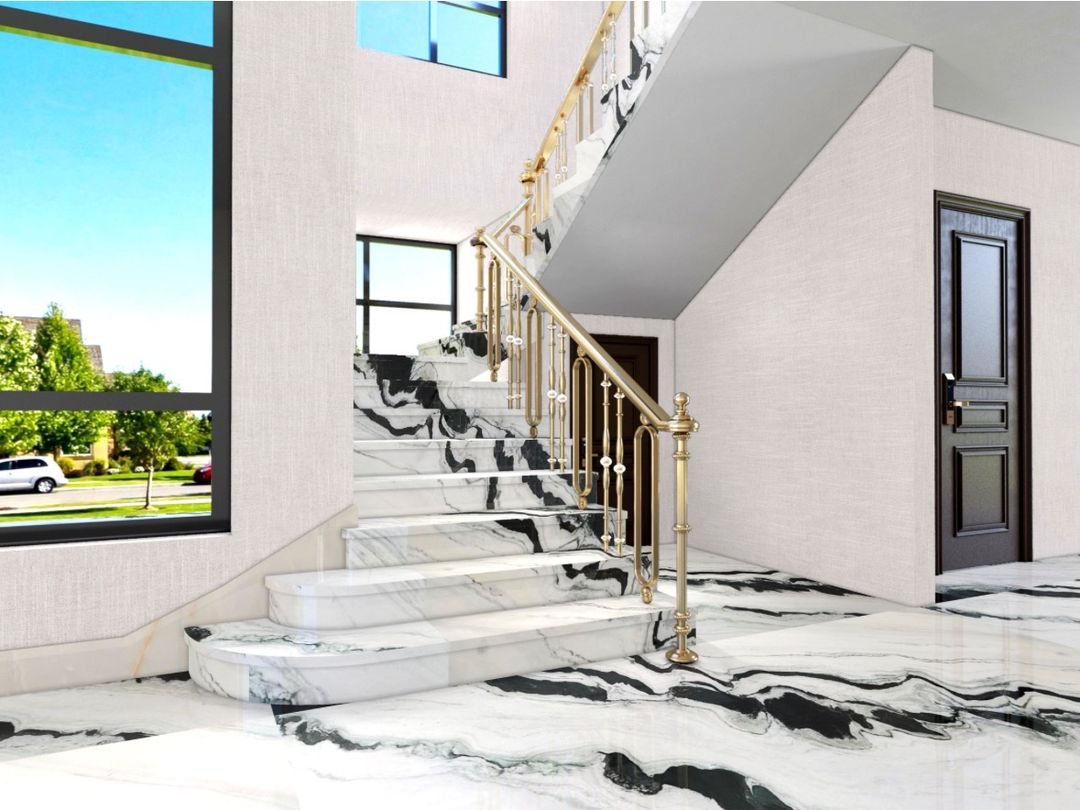 Panda White marble staircase and matching floor in a home entrance